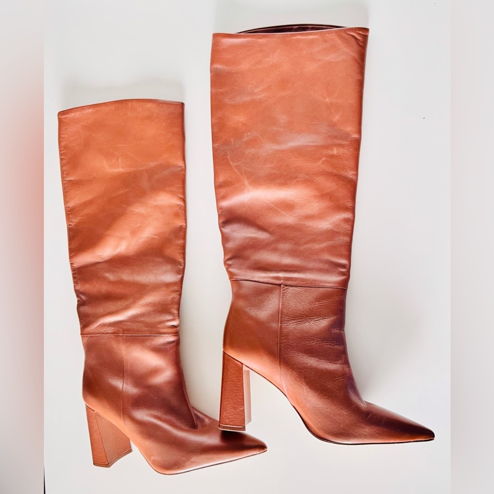 STEVE MADDEN Handles Leather Cognac Tan Tall Heeled Boots - Picture 3 of 12